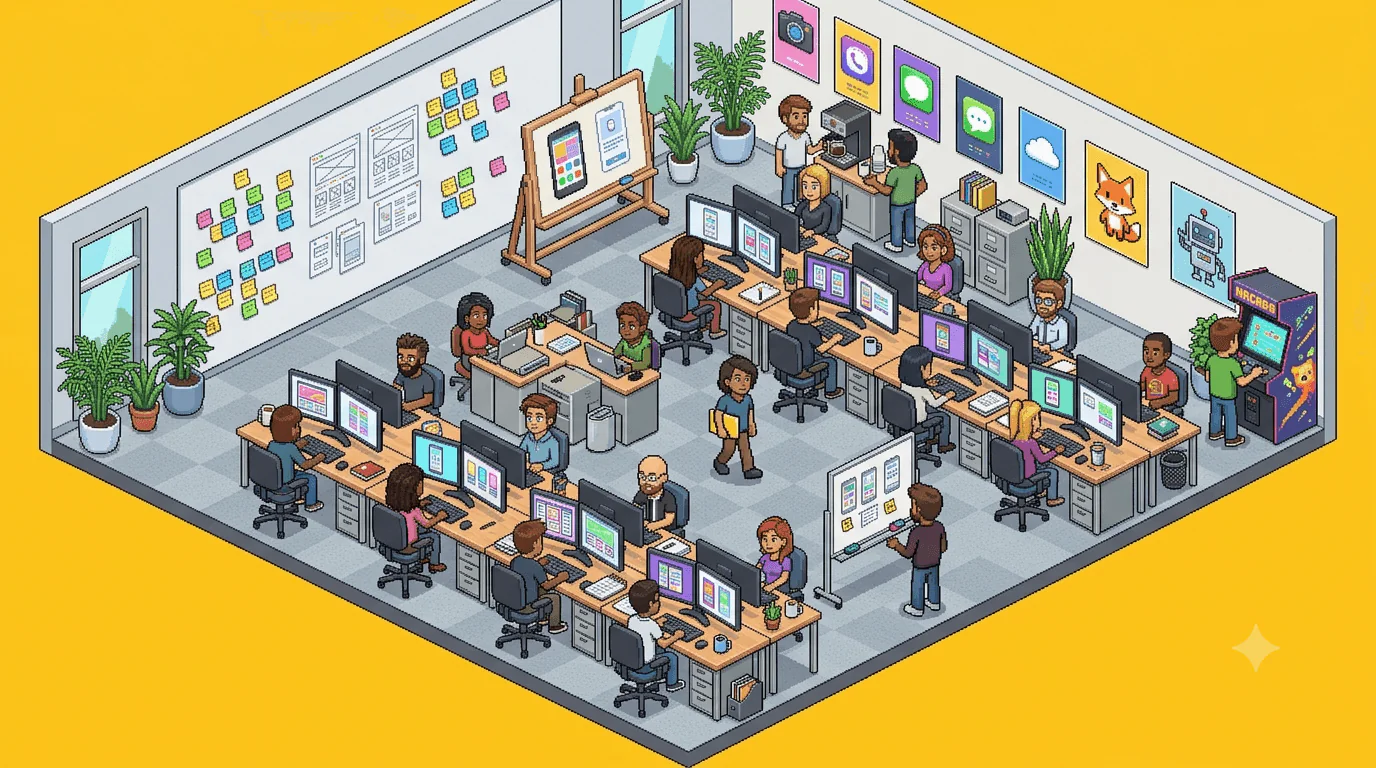 Pixel-art illustration of the designxfory studio: a busy open-plan office full of designers at screens, whiteboards and wireframes