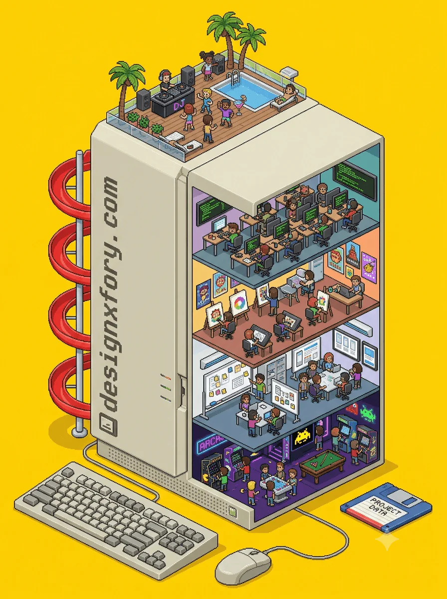 Pixel-art illustration of the designxfory studio as a building inside a retro computer tower, with floors for design, code and play